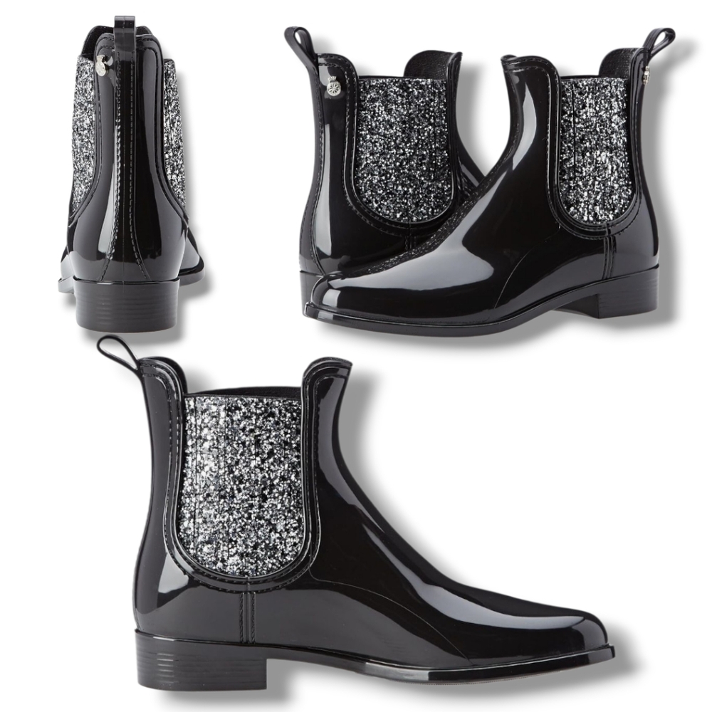 Like New 🩶🖤 Lemon Jelly Sardenha Wellington Black Rubber Glossy Glitter Boots